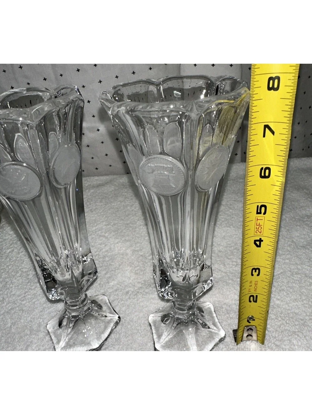 2 Vtg Fostoria Coin Glass Clear Fluted Panel Scalloped Edge Pedestal Foot Vase